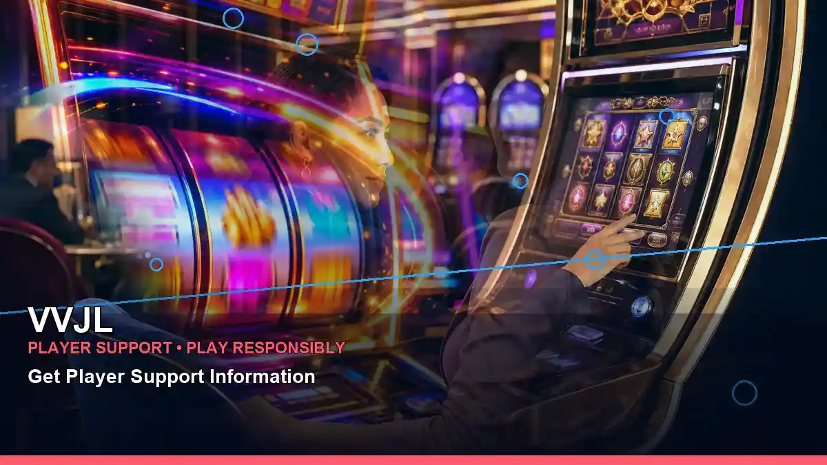 VVJL mobile casino app scene featuring an adult Filipina casino host in a layered collage composition